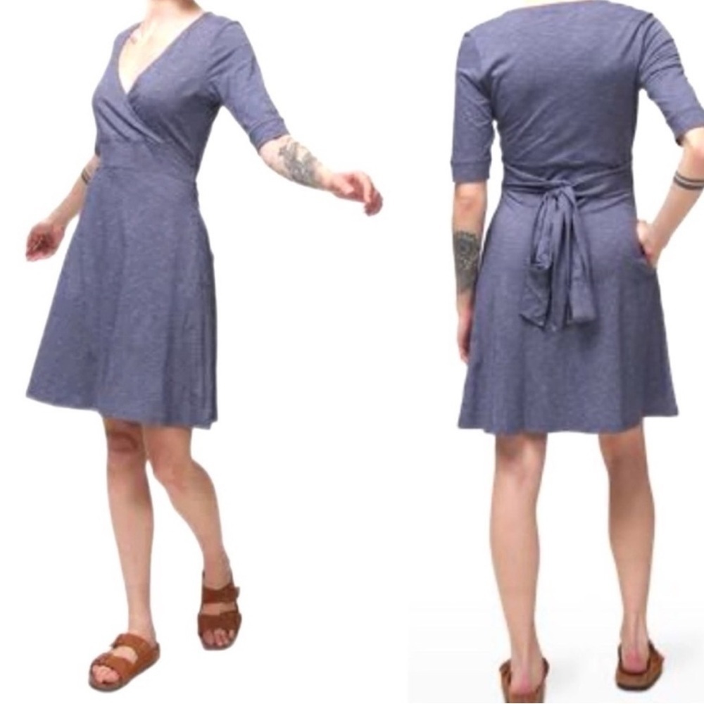 Toad & Co Cue Wrap Cafe Dress in Heather Blue Sz M Tencel Organic Cotton Flowy